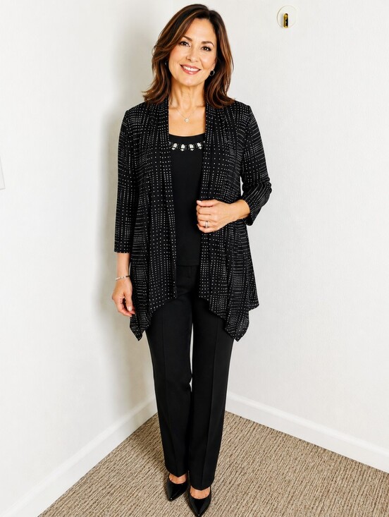 JM Collection Jackets & Blazers - JM Collection Black & Silver Studded Waterfall Jacket with Tank, Size XL